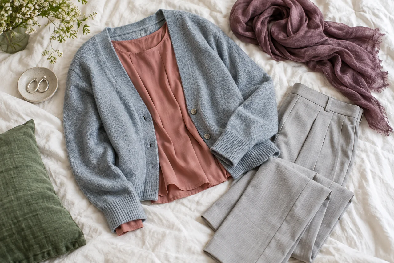Graublaue Strickjacke, rosenholzfarbene Bluse und kühle graue Hose auf einem Leinenbett.