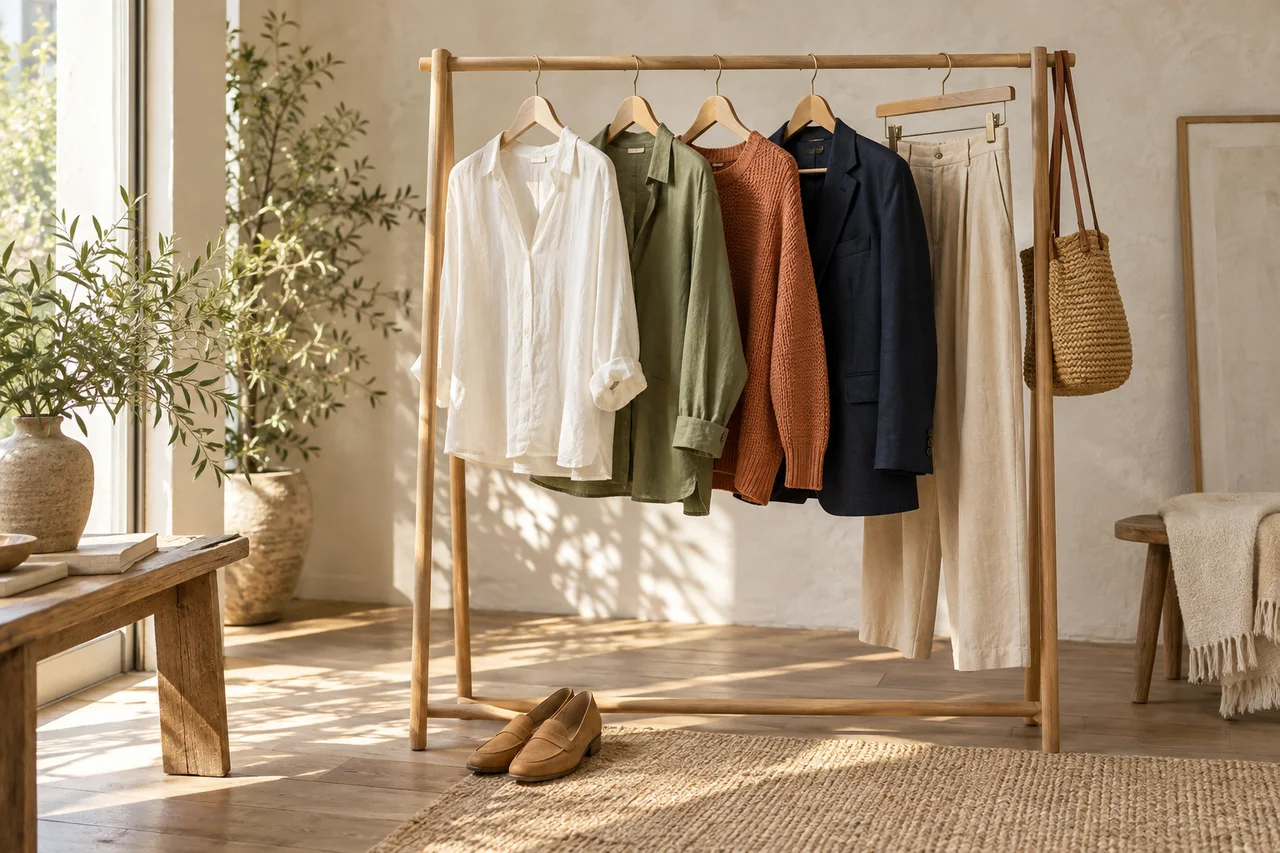 Eine kleine Garderobe mit farblich abgestimmten Kleidungsstücken auf einem Holzständer